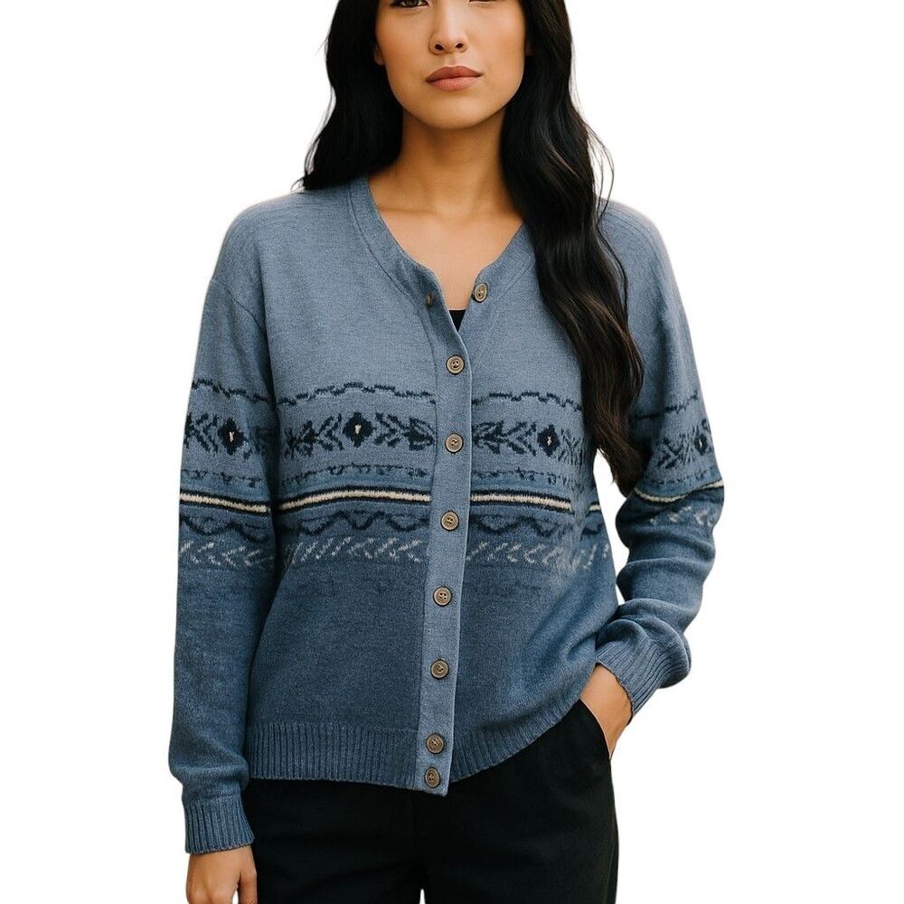 KB Collections Womens Sz L Blue Geometric Long Sleeve Knitted Cardigan